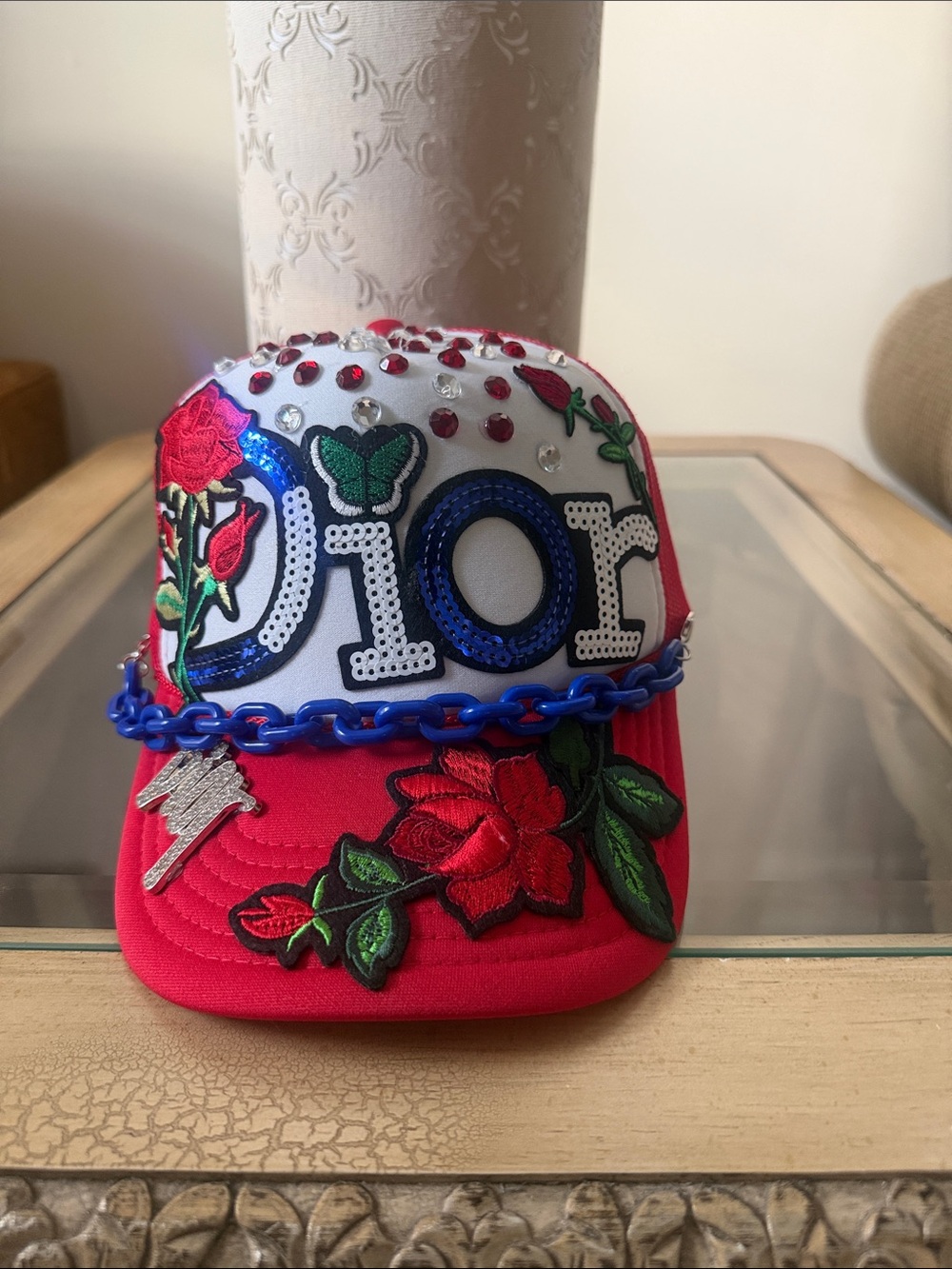 Dior Kids Red and White Embellished Floral Cap